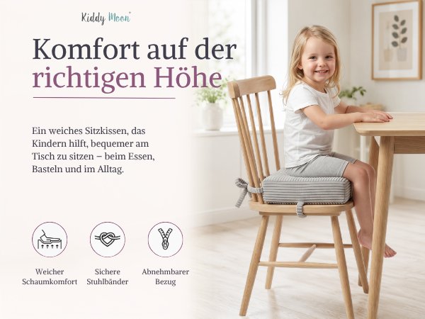 Der Text lautet „Komfort auf der richtigen Höhe“. Frau sitzt