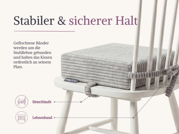 Der Text lautet „Stabiler & sicherer Halt“. Grauer gepolsterter Stuhl