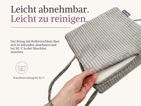 Der Text lautet „Leicht abnehmbar. Leicht zu reinigen.“ Weißer gewellter