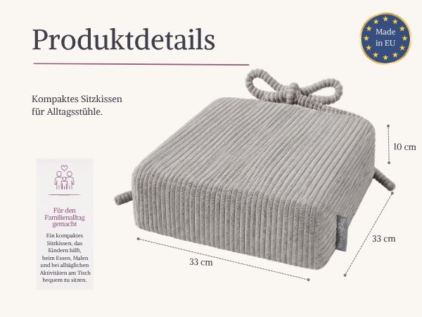 Der Text lautet „Produktdetails“. Graue Wickelunterlage mit aufgedruckten Maßen (35