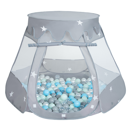 Baby Spielzelt mit Plastikbällen Bällebad Pop Up Zelt Kugelbad Kinder, Grau: Perle-Grau-Transparent-Babyblau-Mint