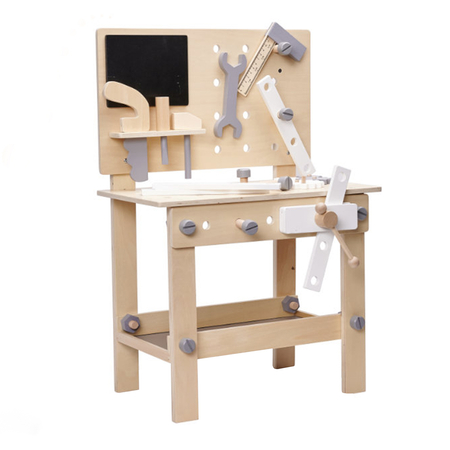 Holz Werkbank mit Werkzeugen für Kinder, Konstruktionsset Werkstatt, Beige