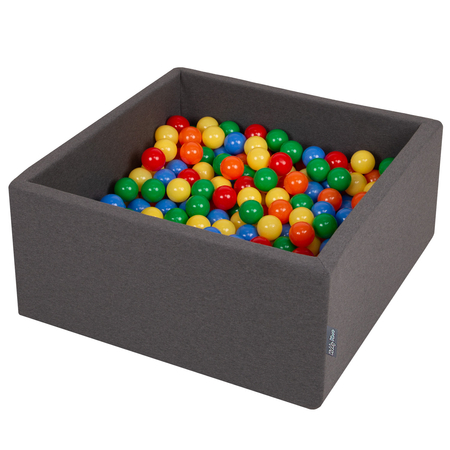 KiddyMoon Bällebad Bällepool mit bunten Bällen 7Cm  für Babys Kinder Quadrat, Dunkelgrau: Gelb/ Grün/ Blau/ Rot/ Orange