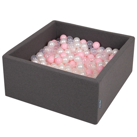 KiddyMoon Bällebad Bällepool mit bunten Bällen 7Cm  für Babys Kinder Quadrat, Dunkelgrau: Rosa/ Perle/ Transparent