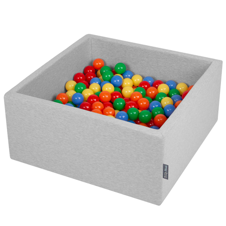 KiddyMoon Bällebad Bällepool mit bunten Bällen 7Cm  für Babys Kinder Quadrat, Hellgrau: Gelb/ Grün/ Rot/ Orange