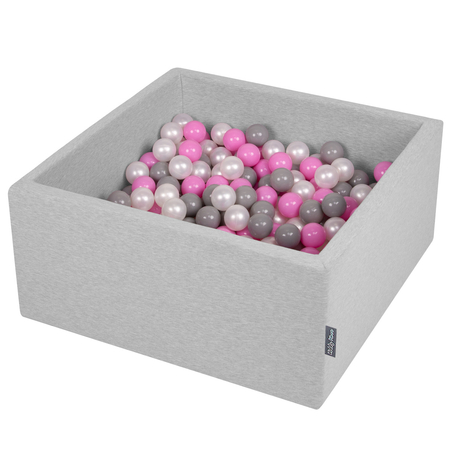 KiddyMoon Bällebad Bällepool mit bunten Bällen 7Cm  für Babys Kinder Quadrat, Hellgrau: Perle/ Grau/ Pink