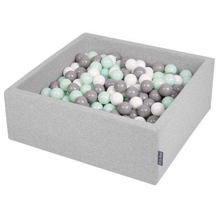 KiddyMoon Bällebad Bällepool mit bunten Bällen 7Cm  für Babys Kinder Quadrat, Hellgrau: Weiß/ Grau/ Mint