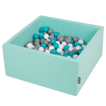 KiddyMoon Bällebad Bällepool mit bunten Bällen 7Cm  für Babys Kinder Quadrat, Mint: Grau/ Weiß/ Türkis