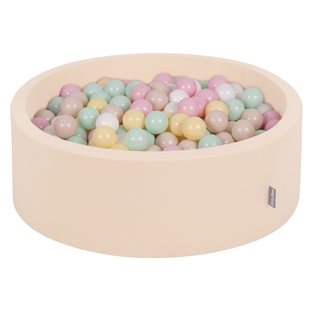 KiddyMoon Bällebad Bällepool mit bunten Bällen 7Cm  für Babys Kinder Rund, Beige: Pastellbeige/ Pastellgelb/ Weiß/ Minze/ Puderrosa