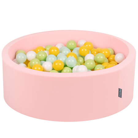 KiddyMoon Bällebad Bällepool mit bunten Bällen 7Cm  für Babys Kinder Rund, Pink: Weiß/ Grau/ Hellgrün/ Gelb