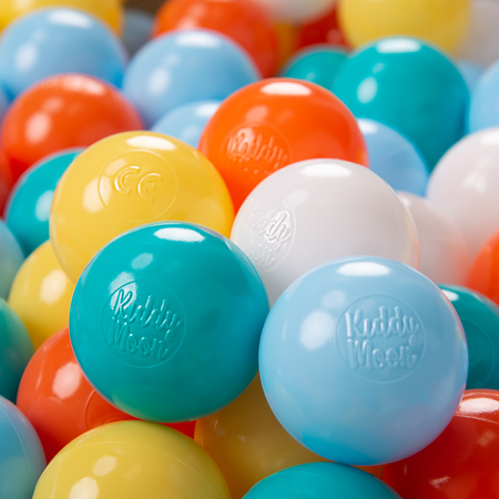 KiddyMoon Kinder Bälle für Bällebad Baby Plastikbälle Spielbälle 6cm Made in EU, Weiß/ Gelb/ Orange/ Baby Blau/ Türkis