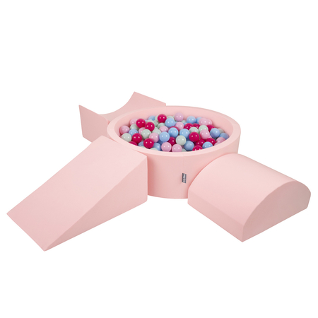 KiddyMoon Spielplatz aus Schaumstoff mit Bällebad und Bälle Hindernisläufen, Pink: Puderrosa/ Dunkelpink/ Babyblau/ Minze