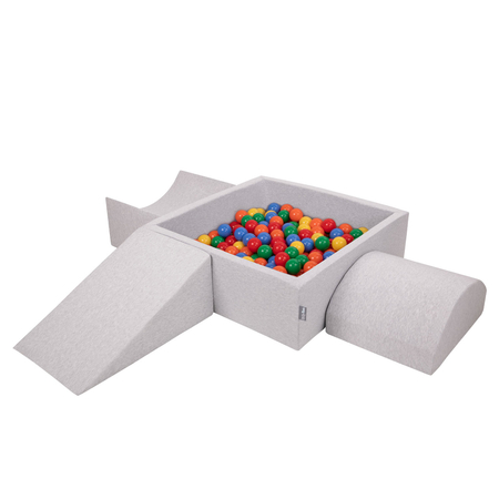 KiddyMoon Spielplatz aus Schaumstoff mit Quadrat Bällebad Bälle Hindernisläufen, Hellgrau: Gelb/ Grün/ Blau/ Rot/ Orange