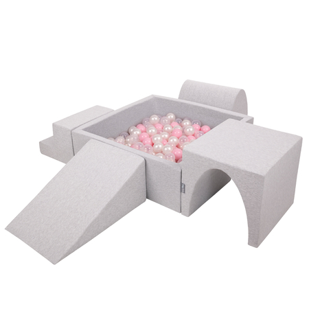 KiddyMoon Spielplatz aus Schaumstoff mit Quadrat Bällebad Bälle Hindernisläufen, Hellgrau: Puderrosa/ Perle/ Transparent