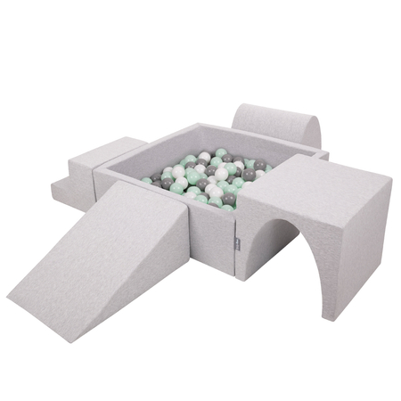 KiddyMoon Spielplatz aus Schaumstoff mit Quadrat Bällebad Bälle Hindernisläufen, Hellgrau: Weiß/ Grau/ Minze