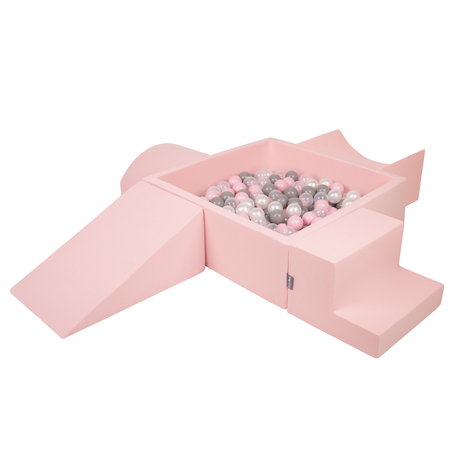 KiddyMoon Spielplatz aus Schaumstoff mit Quadrat Bällebad Bälle Hindernisläufen, Pink: Perle/ Grau/ Transparent/ Puderrosa