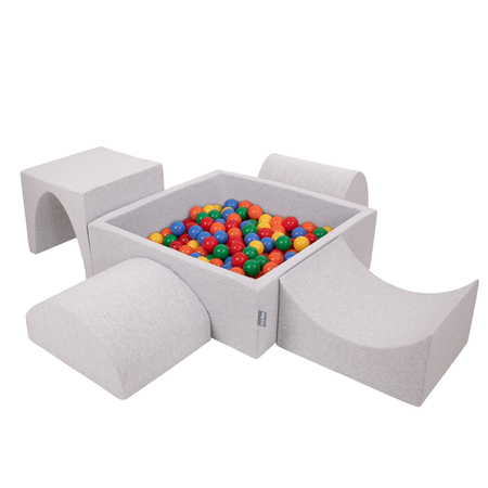 KiddyMoon Spielplatz aus Schaumstoff mit Quadrat Bällebad, Hellgrau: Gelb/ Grün/ Blau/ Rot/ Orange