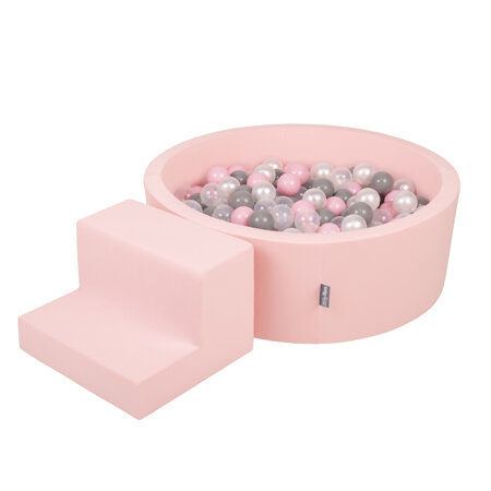 KiddyMoon Spielplatz aus Schaumstoff mit Rund Bällebad (200 Bälle) Ballgruben für Babys Spielbad Hindernisläufen, Hergestellt in der EU, Pink: Perle/ Grau/ Transparent/ Puderrosa