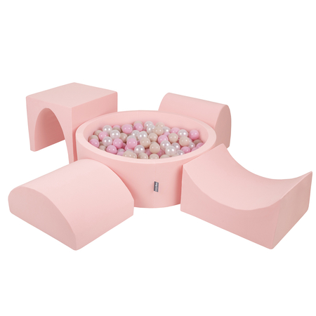 KiddyMoon Spielplatz aus Schaumstoff mit Rund Bällebad (300 Bälle) Ballgruben für Babys Spielbad Hindernisläufen, Hergestellt in der EU, Pink: Pastellbeige/ Puderrosa/ Perle