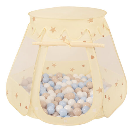 Baby Spielzelt Mit Plastikbällen Für Kinder Leicht Und Kompakt Ideal Für Drinnen Und Draußen Fördert Sensorische Integration Schneller Aufbau, Hellbeige:  Pastellbeige/ Pastellblau/ Weiß