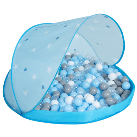 Baby Spielzelt mit Plastikbällen Bällebad Pop Up Zelt Kugelbad Kinder, Blau Schale:Grau-Weiß-Transparent-Babyblue