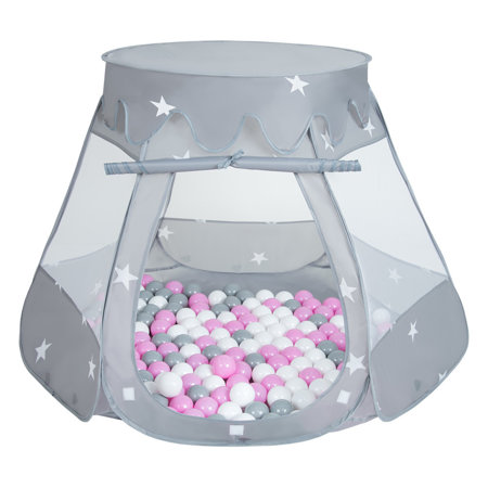 Baby Spielzelt mit Plastikbällen Bällebad Pop Up Zelt Kugelbad Kinder, Grau:Grau-Weiß-Pink