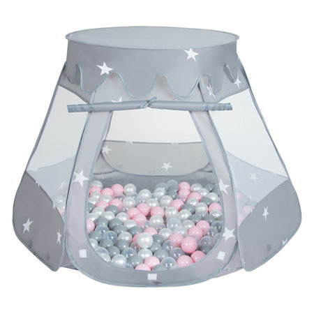 Baby Spielzelt mit Plastikbällen Bällebad Pop Up Zelt Kugelbad Kinder, Grau:Perle-Grau-Transparent-Puderrosa