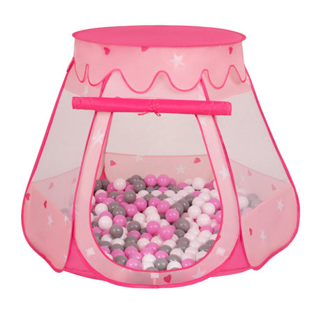 Baby Spielzelt mit Plastikbällen Bällebad Pop Up Zelt Kugelbad Kinder, Pink:Grau-Weiß-Pink