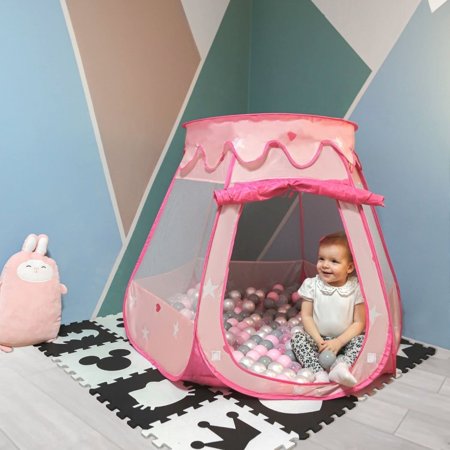 Baby Spielzelt mit Plastikbällen Bällebad Pop Up Zelt Kugelbad Kinder, Pink: Weiß-Gelb-Babyblau-Puderrosa-