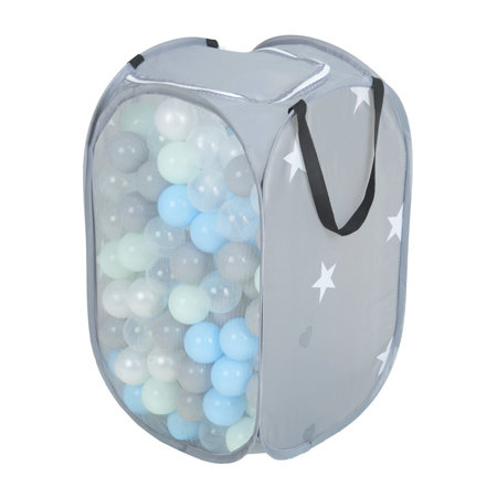 KiddyMoon Baby Netzkorb mit Plastikbälle Set, Grau: Perle/ Grau/ Transparent/ Babyblau/ Mint