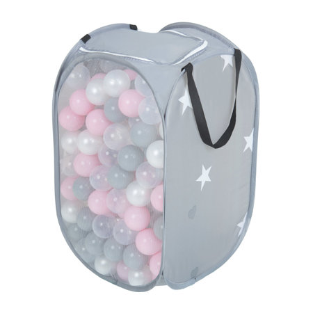 KiddyMoon Baby Netzkorb mit Plastikbälle Set, Grau: Perle/ Grau/ Transparent/ Puderrosa