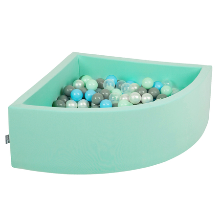 KiddyMoon Bällebad Bällepool mit Bällen 7Cm  für Babys Kinder Viertel Eckig, Mint: Perle/ Grau/ Transparent/ Babyblau/ Mint