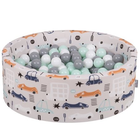 KiddyMoon Bällebad Bällepool mit bunten Bällen 7Cm  für Babys Kinder Autos, Autos-Beige: Weiß/ Grau/ Mint