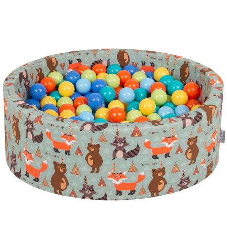 KiddyMoon Bällebad Bällepool mit bunten Bällen 7Cm  für Babys Kinder Füchse, Füchse-Grün: Helgrün/ Orang/ Türki/ Blau/ Babyblau/ Gelb