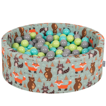 KiddyMoon Bällebad Bällepool mit bunten Bällen 7Cm  für Babys Kinder Füchse, Füchse-Grün: Hellgrün/ Helltürkis/ Grau