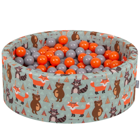 KiddyMoon Bällebad Bällepool mit bunten Bällen 7Cm  für Babys Kinder Füchse, Füchse-Grün: Orange/ Grau