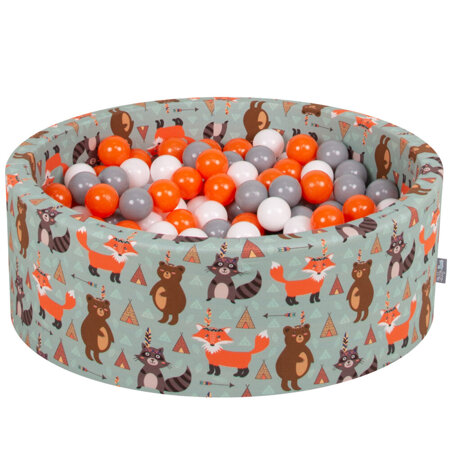KiddyMoon Bällebad Bällepool mit bunten Bällen 7Cm  für Babys Kinder Füchse, Füchse-Grün: Orange/ Grau/ Weiß