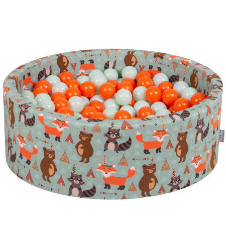 KiddyMoon Bällebad Bällepool mit bunten Bällen 7Cm  für Babys Kinder Füchse, Füchse-Grün: Orange/ Mint