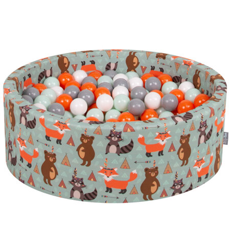 KiddyMoon Bällebad Bällepool mit bunten Bällen 7Cm  für Babys Kinder Füchse, Füchse-Grün: Orange/ Mint/ Grau/ Weiß
