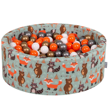 KiddyMoon Bällebad Bällepool mit bunten Bällen 7Cm  für Babys Kinder Füchse, Füchse-Grün: Orange/ Silbern/ Golden/ Weiß