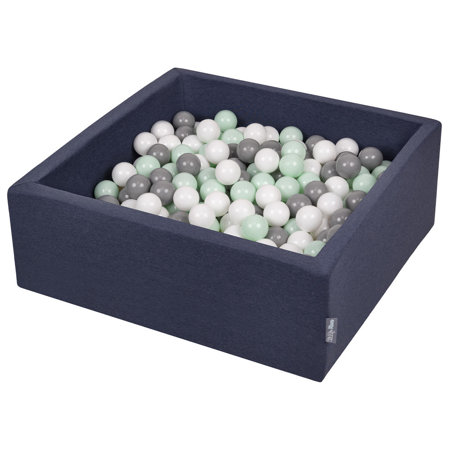 KiddyMoon Bällebad Bällepool mit bunten Bällen 7Cm  für Babys Kinder Quadrat, Dunkelblau: Weiß/ Grau/ Mint