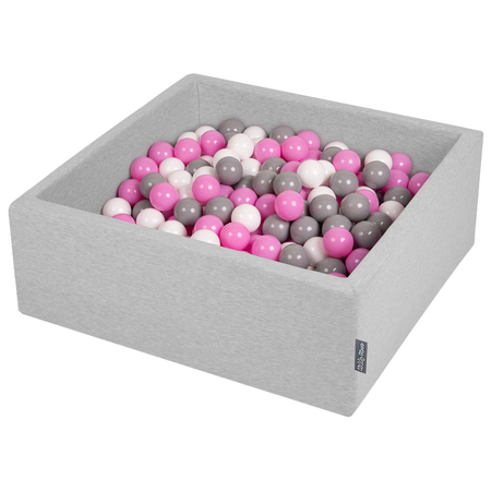 KiddyMoon Bällebad Bällepool mit bunten Bällen 7Cm  für Babys Kinder Quadrat, Hellgrau: Grau/ Weiß/ Hellpink