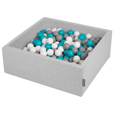 KiddyMoon Bällebad Bällepool mit bunten Bällen 7Cm  für Babys Kinder Quadrat, Hellgrau: Grau/ Weiß/ Türkis