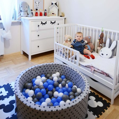 KiddyMoon Bällebad Bällepool mit bunten Bällen 7Cm  für Babys Kinder Quadrat, Hellgrau: Grau/ Weiß/ Türkis