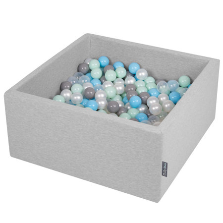 KiddyMoon Bällebad Bällepool mit bunten Bällen 7Cm  für Babys Kinder Quadrat, Hellgrau: Perle/ Grau/ Transparent/ Baby Blau/ Mint