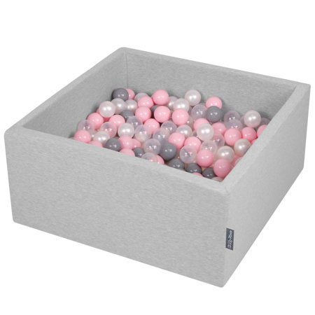 KiddyMoon Bällebad Bällepool mit bunten Bällen 7Cm  für Babys Kinder Quadrat, Hellgrau: Perle/ Grau/ Transparent/ Rosa