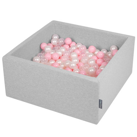 KiddyMoon Bällebad Bällepool mit bunten Bällen 7Cm  für Babys Kinder Quadrat, Hellgrau: Rosa/ Perle/ Transparent
