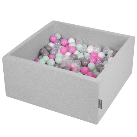 KiddyMoon Bällebad Bällepool mit bunten Bällen 7Cm  für Babys Kinder Quadrat, Hellgrau: Transparent/ Grau/ Weiß/ Pink/ Mint