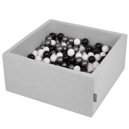 KiddyMoon Bällebad Bällepool mit bunten Bällen 7Cm  für Babys Kinder Quadrat, Hellgrau: Weiß/ Schwarz/ Silbern