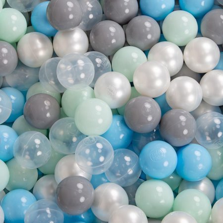 KiddyMoon Bällebad Bällepool mit bunten Bällen 7Cm  für Babys Kinder Quadrat, Mint: Perle/ Grau/ Transparent/ Babyblau/ Mint